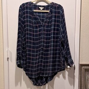 Lucky Brand Navy and Pink Plaid Blouse